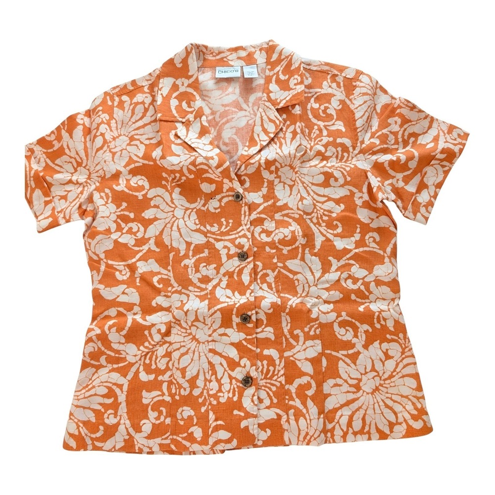 Women's Chico's Size 1 Medium 100% Linen Tropical Print Blouse, Button Up Resort - Picture 3 of 11